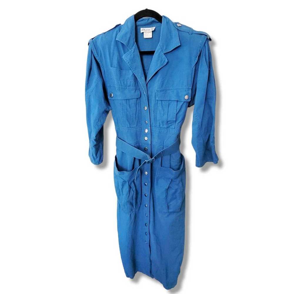Vintage 50s 60s Cotton Blue Shirt Day Dress Belt … - image 1