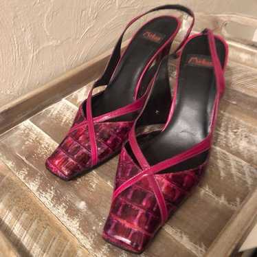 Fuchsia square toe slingback heel