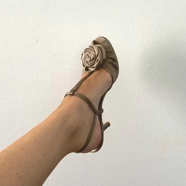 Stuart Weitzman Vintage Rosette Satin Peep Toe He… - image 1