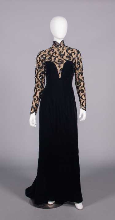 BOB MACKIE TRAINED SILK VELVET & LACE EVENING GOWN
