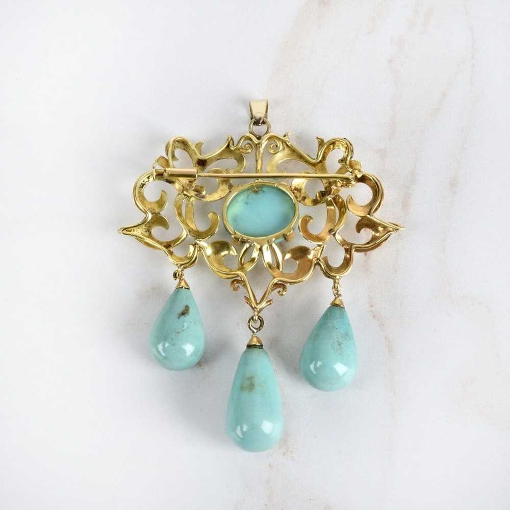 Art Nouveau Turquoise and 14K Brooch - image 2
