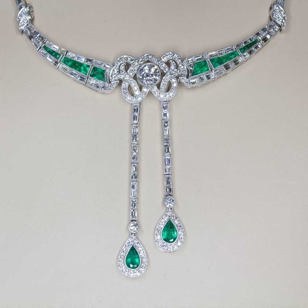 Original Art Deco Platinum Diamond and Emerald Ne… - image 1