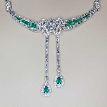 Original Art Deco Platinum Diamond and Emerald Ne… - image 1