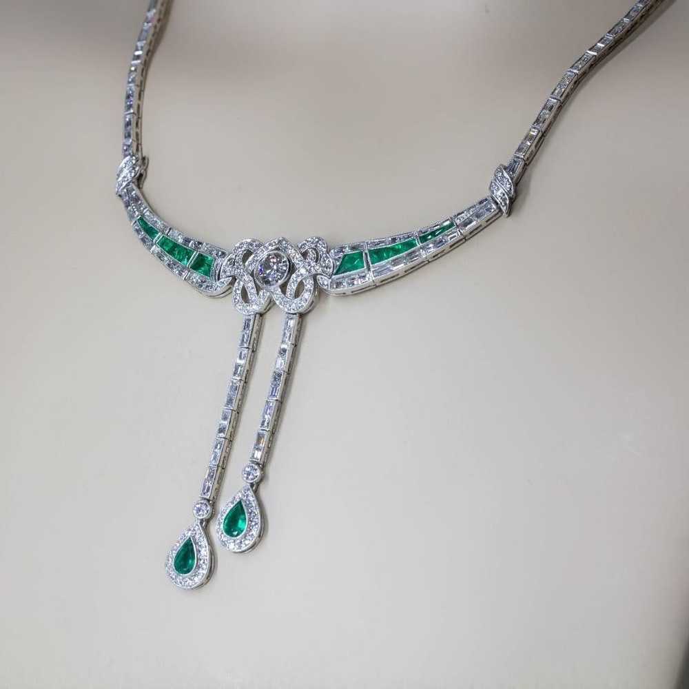 Original Art Deco Platinum Diamond and Emerald Ne… - image 2
