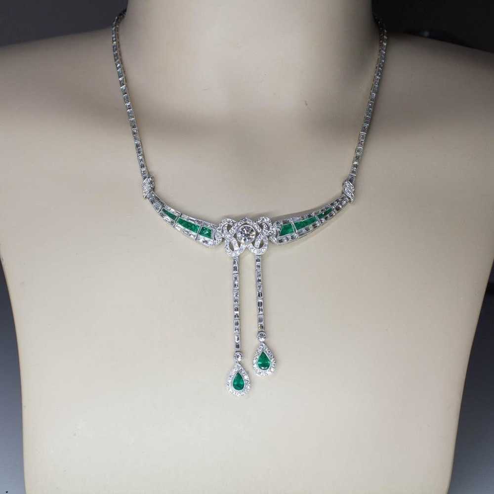 Original Art Deco Platinum Diamond and Emerald Ne… - image 3