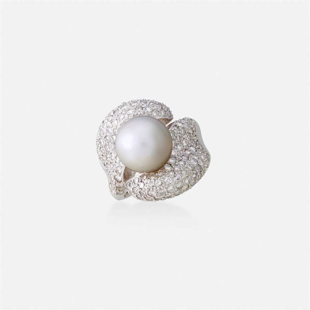 Cultured pearl, diamond, and white gold ring - image 2