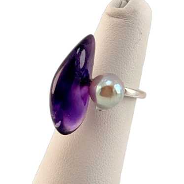 Natural Amethyst and Baroque Pearl Sterling Ring … - image 1