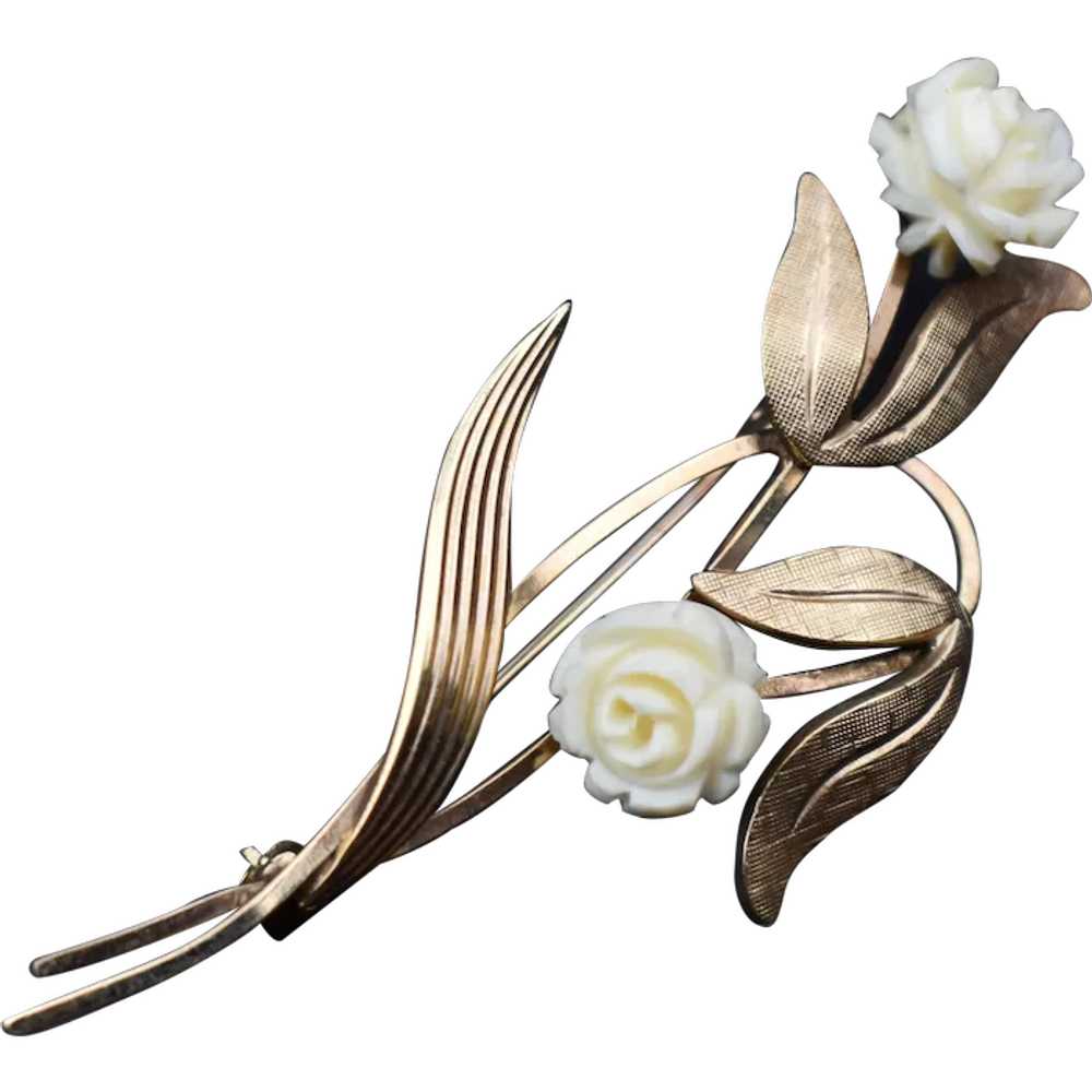White roses brooch pin vintage, Van Dell flower b… - image 1