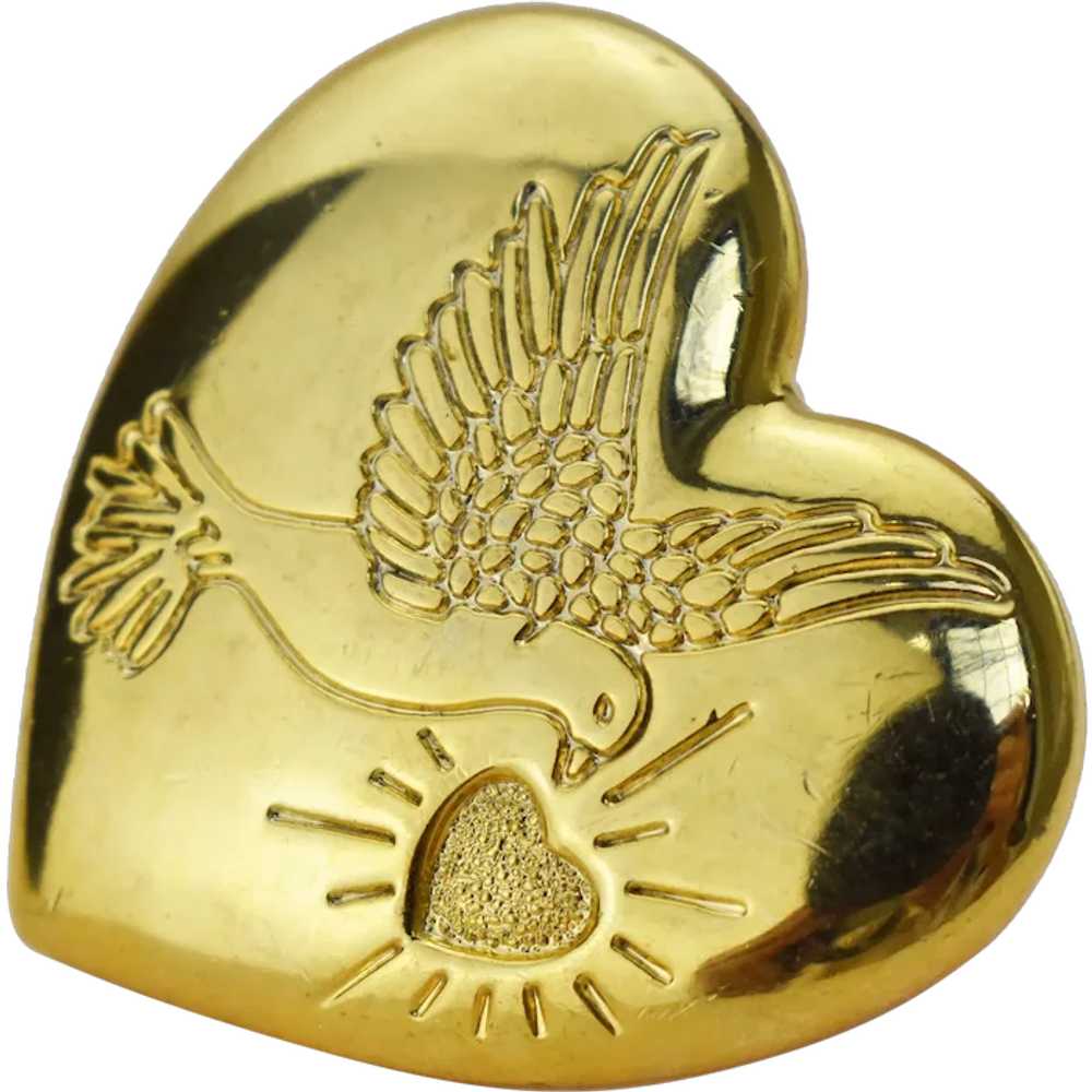 Gold heart and dove brooch, elegant quirky lapel … - image 1