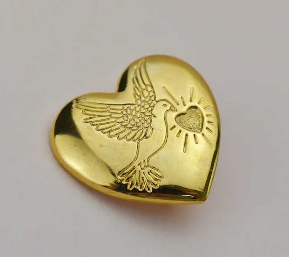 Gold heart and dove brooch, elegant quirky lapel … - image 2