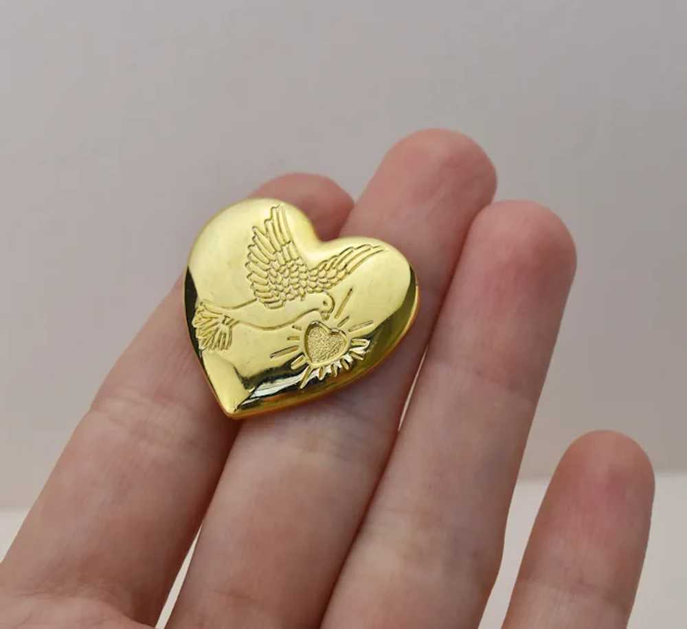 Gold heart and dove brooch, elegant quirky lapel … - image 3