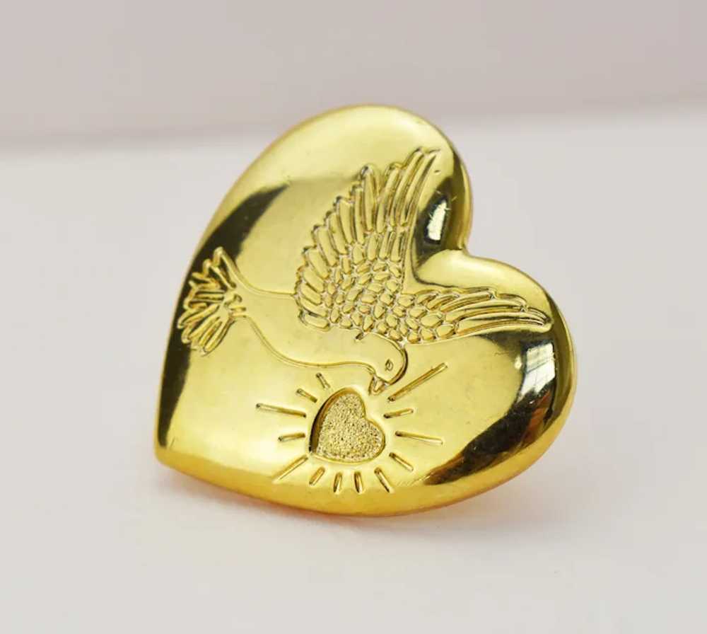 Gold heart and dove brooch, elegant quirky lapel … - image 4