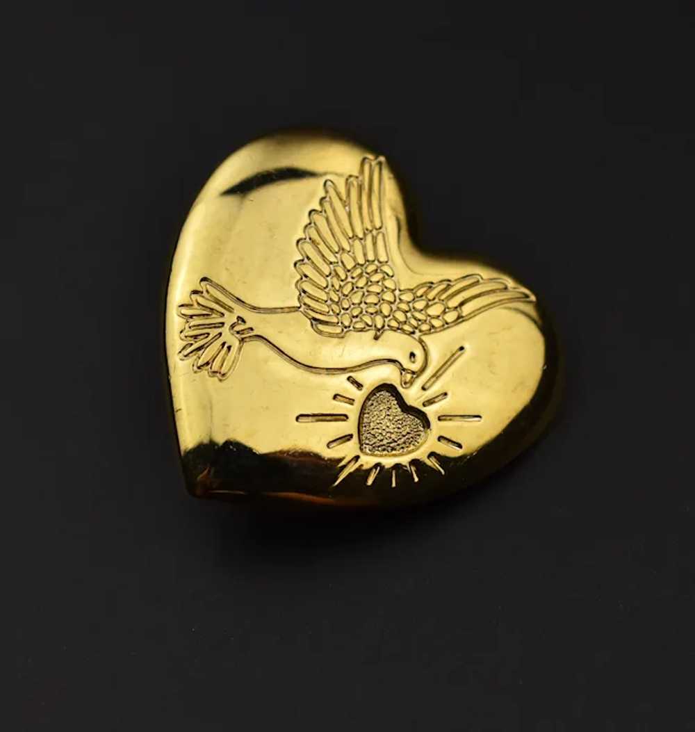 Gold heart and dove brooch, elegant quirky lapel … - image 6