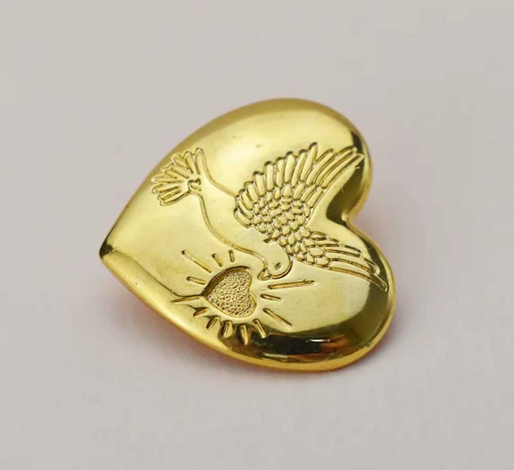 Gold heart and dove brooch, elegant quirky lapel … - image 7