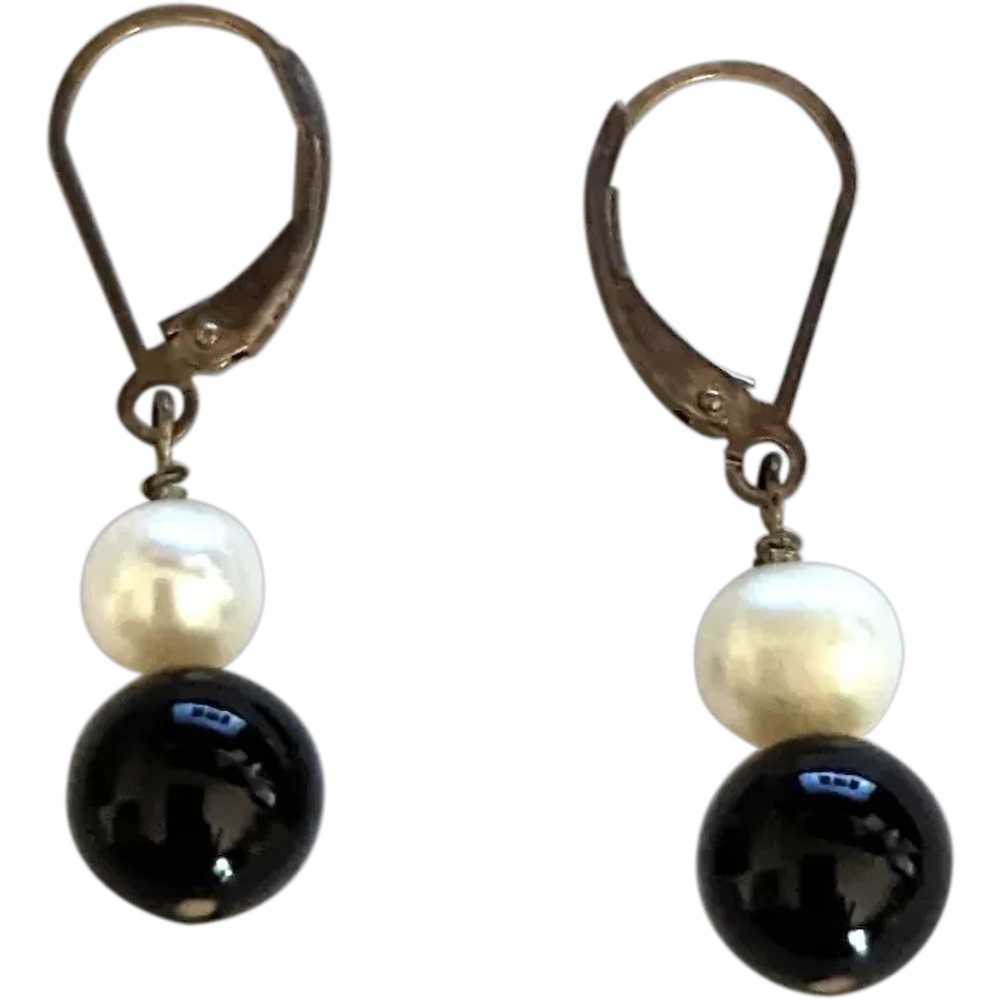 Sterling Leverback Cultured Pearl Black Onyx Earr… - image 1