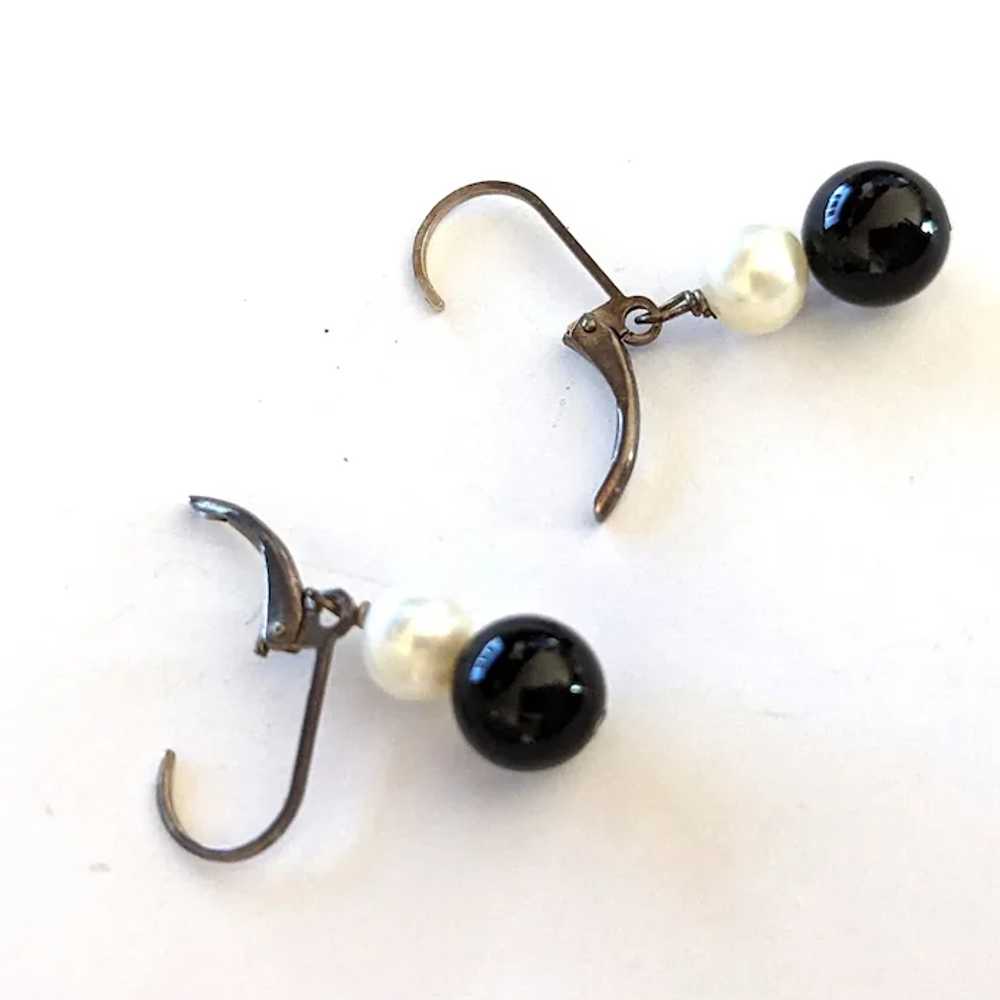 Sterling Leverback Cultured Pearl Black Onyx Earr… - image 2