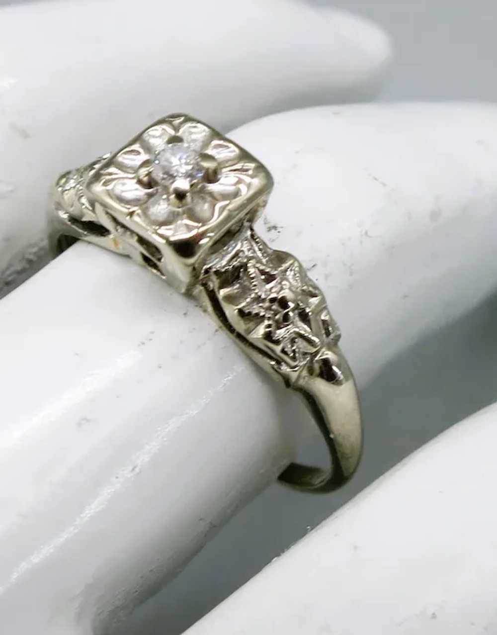 VINTAGE  50's   14k White Gold Engagement Ring  S… - image 4