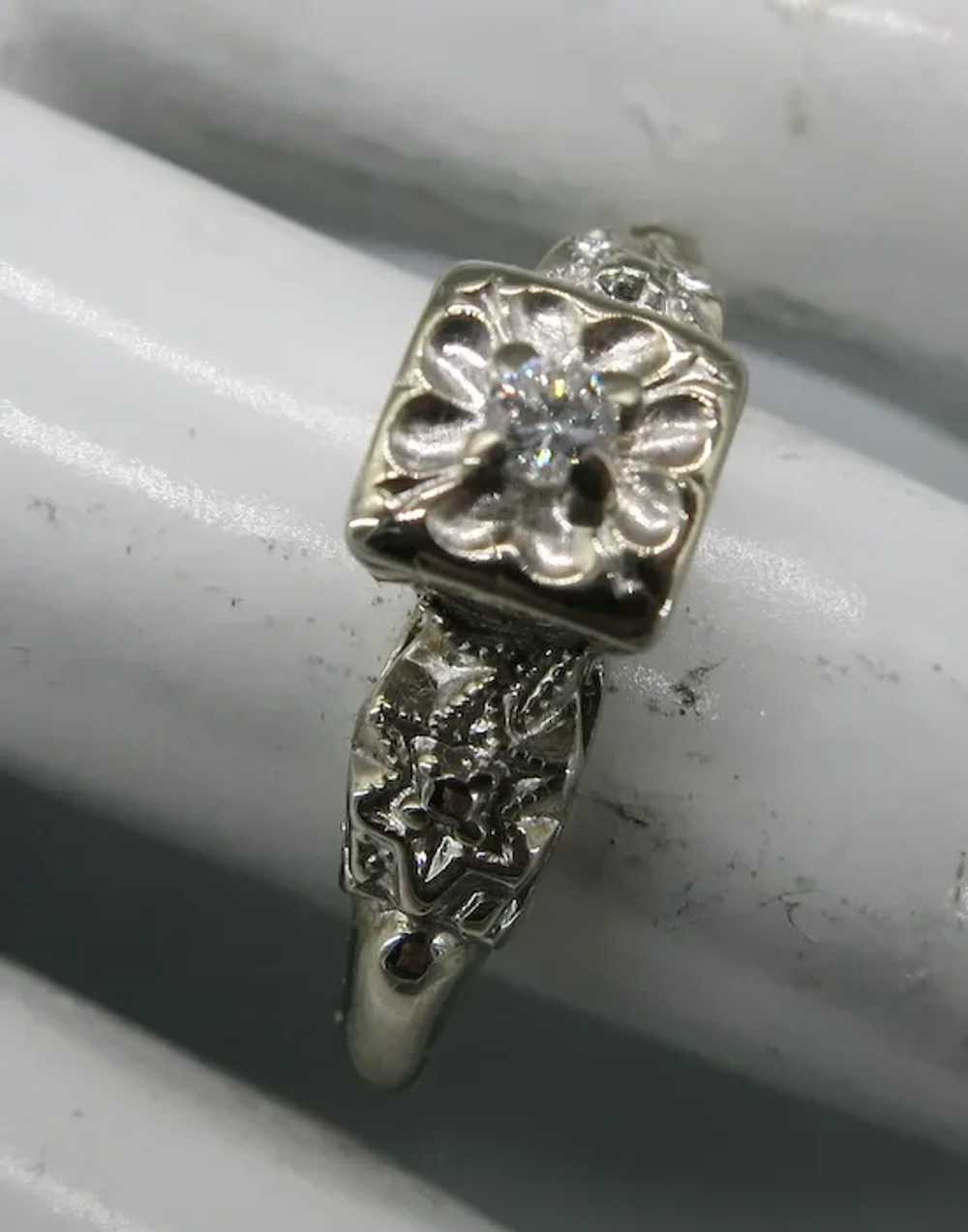 VINTAGE  50's   14k White Gold Engagement Ring  S… - image 5