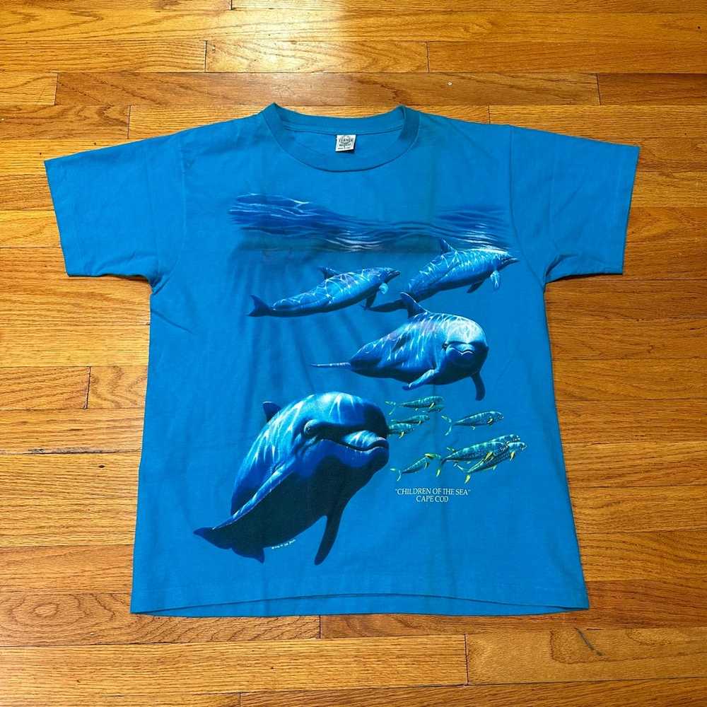 VTG 1994 Single Stitch Dolphins and Fish Blue Shi… - image 1