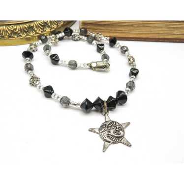 Designer Black Gray Silver Tone Bead Sun Moon Pen… - image 1