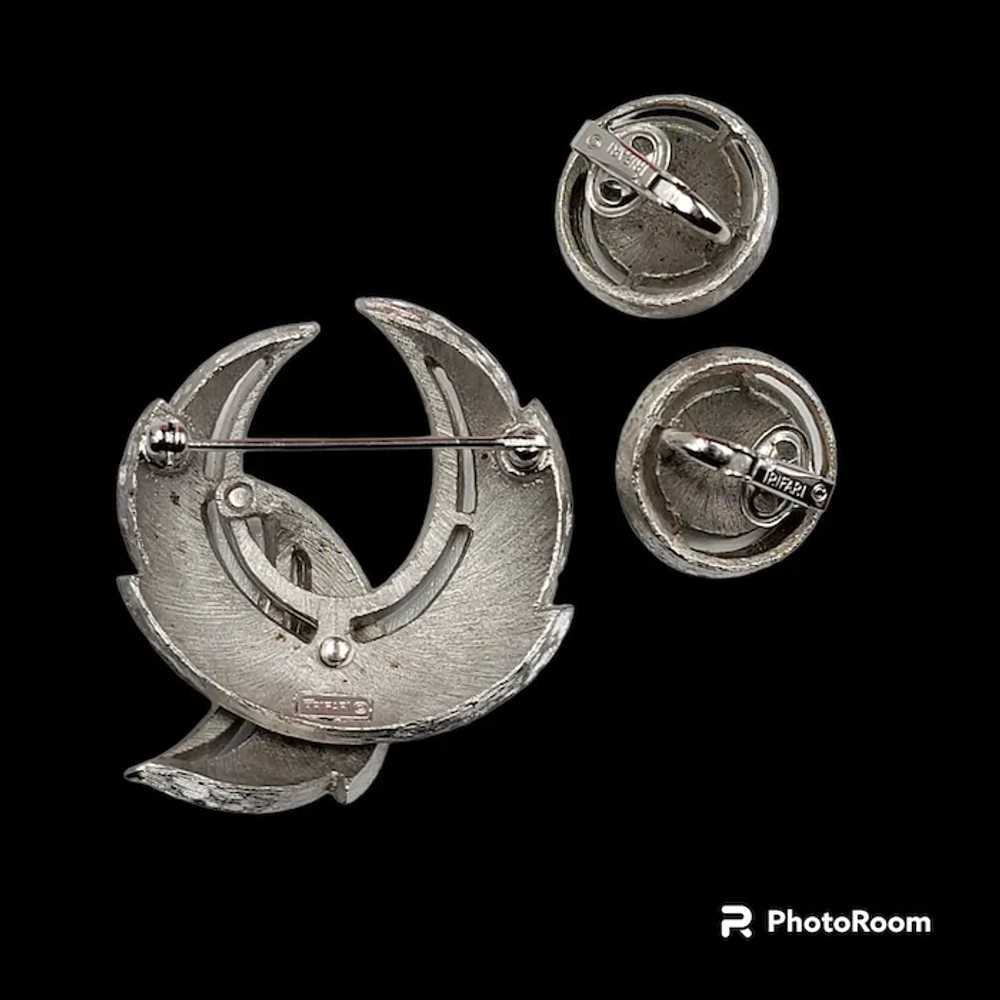Crown Trifari Silver Tone Brooch Clip Earrings Set - image 4