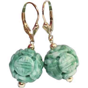Dushan Mottled Green Jade Carved Earrings