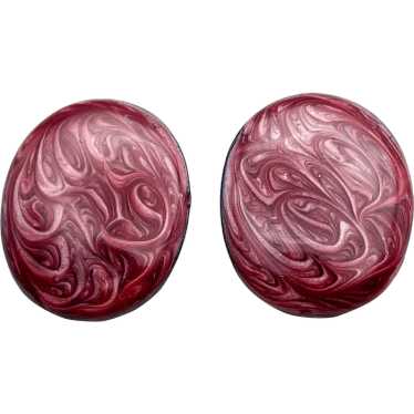 Oval Maroon Marbled Look Enameled Pierced Earrings - image 1