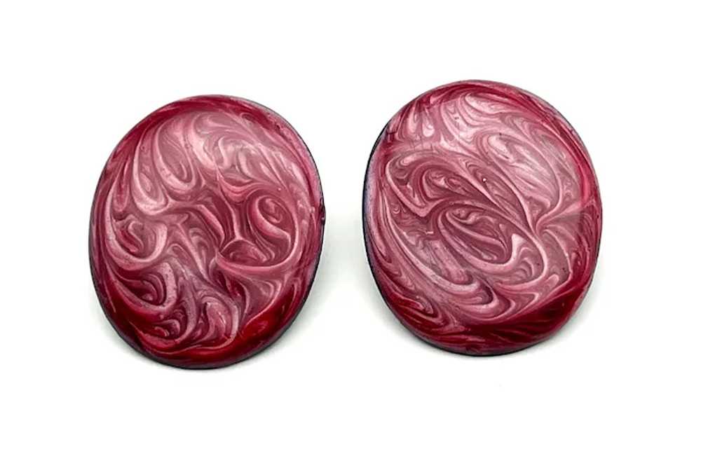 Oval Maroon Marbled Look Enameled Pierced Earrings - image 5