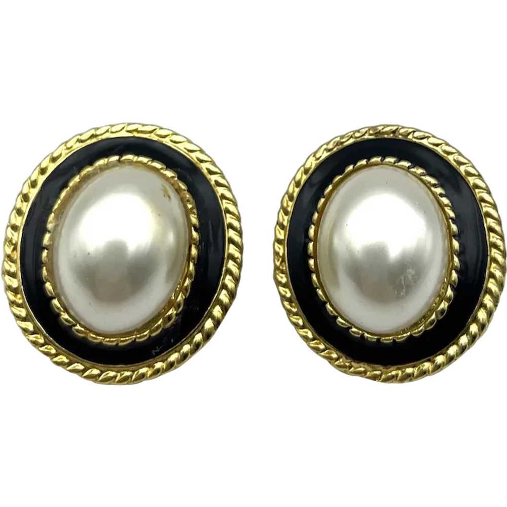 Oval Black Enamel on Goldtone Pierced Earrings wi… - image 1