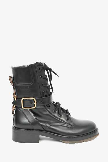 Chloe Black Leather Gold Buckled Combat Boots Size