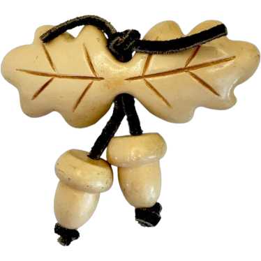 Vintage Wooden Acorn Figural Dangle Brooch - image 1