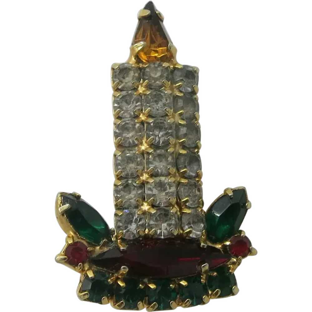 Rhinestones Christmas Candle Brooch - image 1