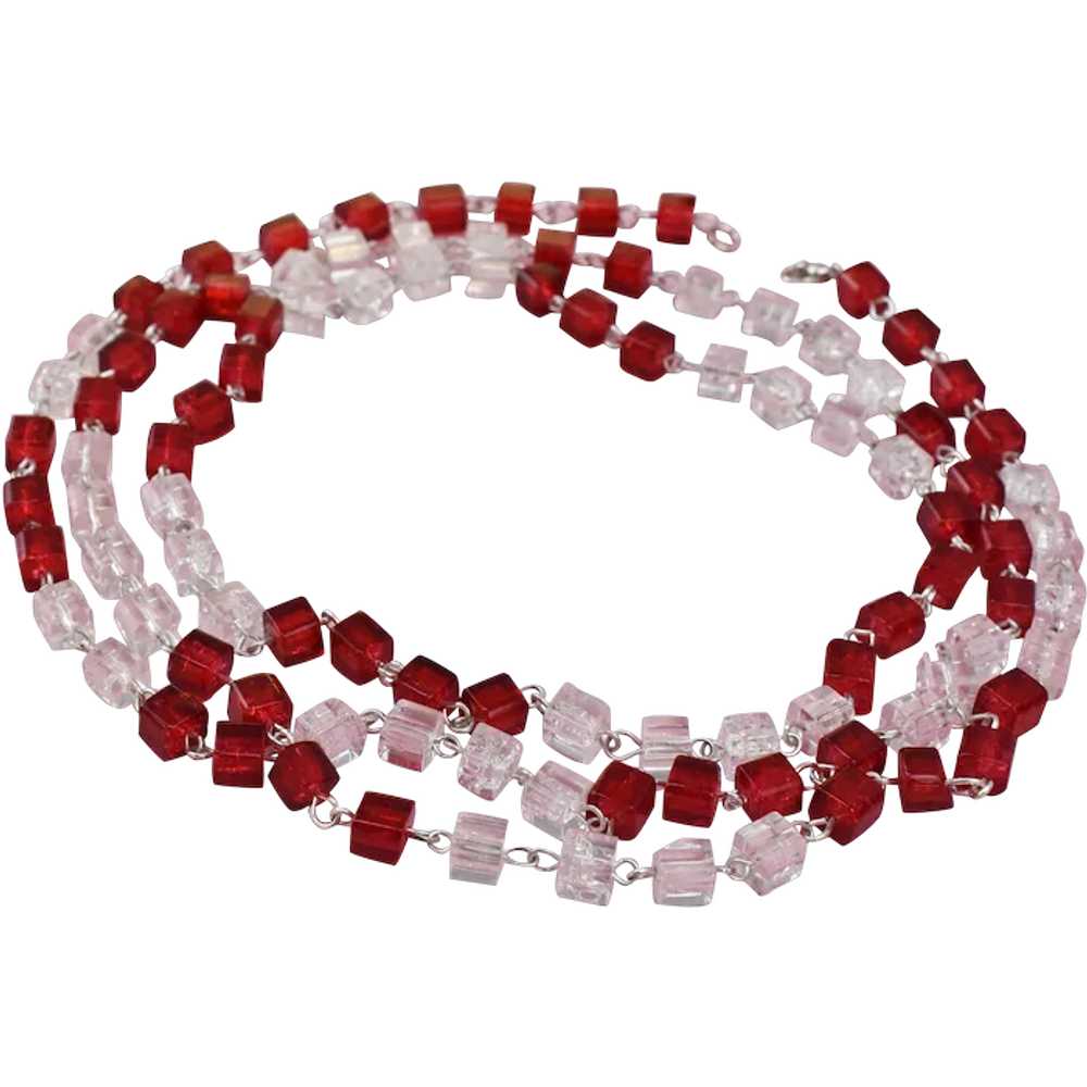 Extra long clear and red square bead necklace, su… - image 1