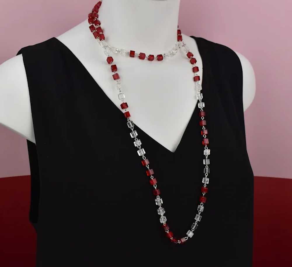 Extra long clear and red square bead necklace, su… - image 2