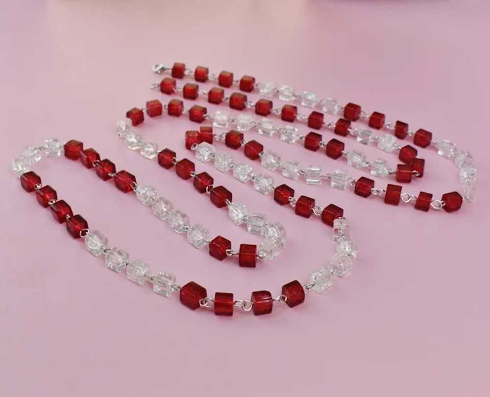 Extra long clear and red square bead necklace, su… - image 3