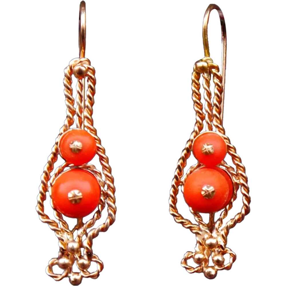 European Dangle Earrings 11ct natural Red Coral s… - image 1