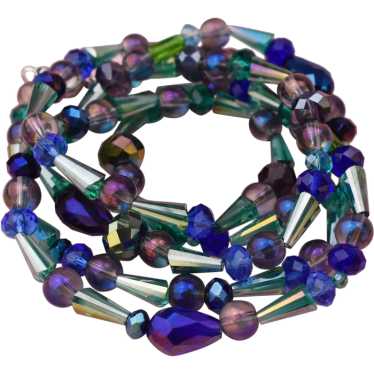 Extra long blue and green glass bead necklace, su… - image 1