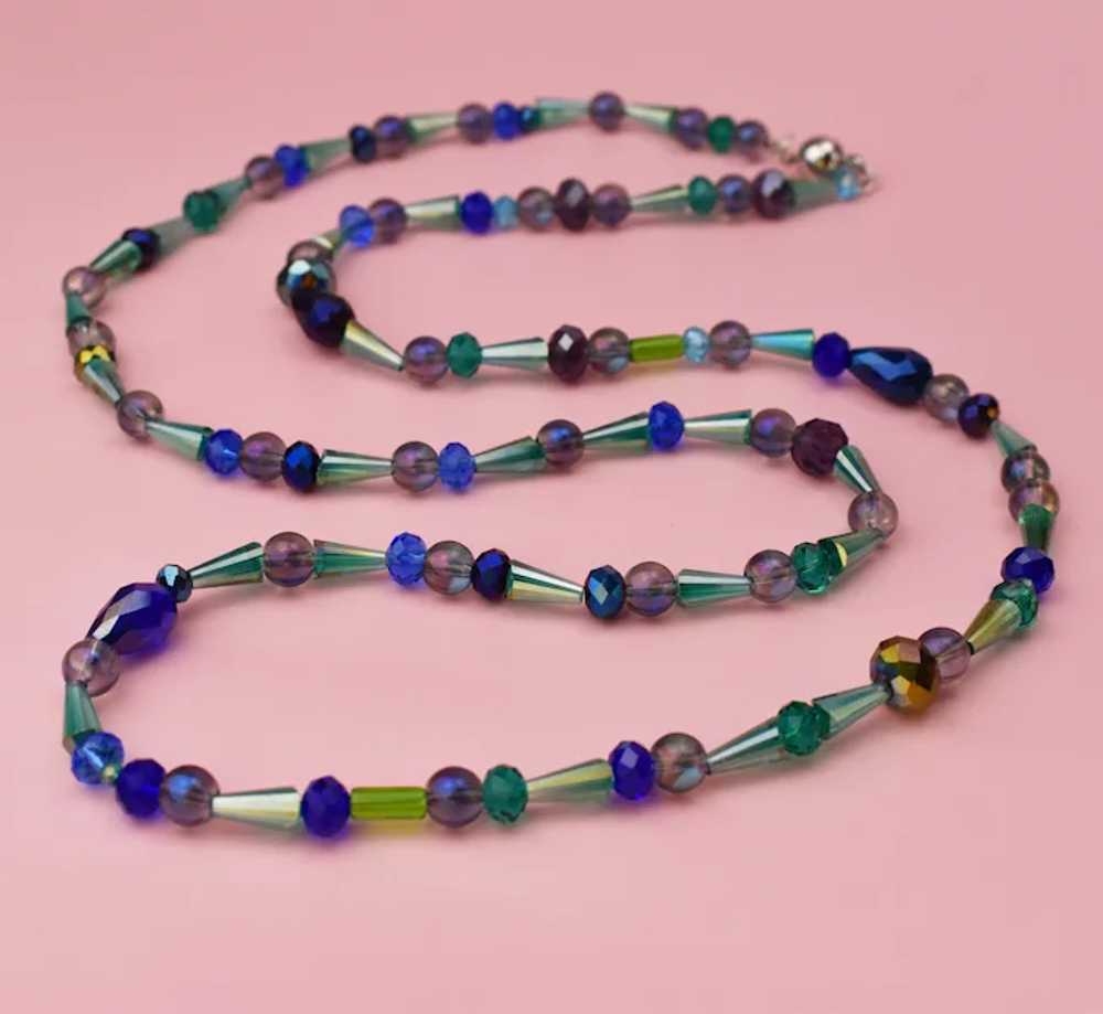 Extra long blue and green glass bead necklace, su… - image 3