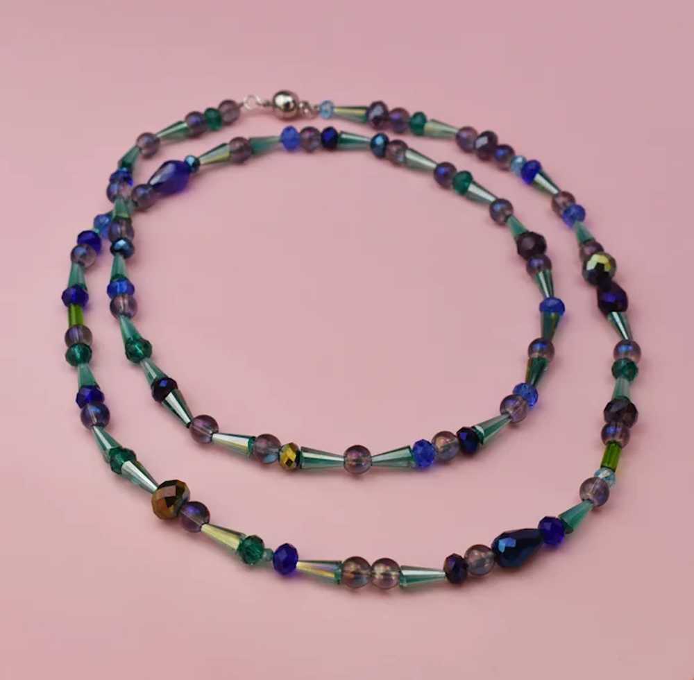 Extra long blue and green glass bead necklace, su… - image 5