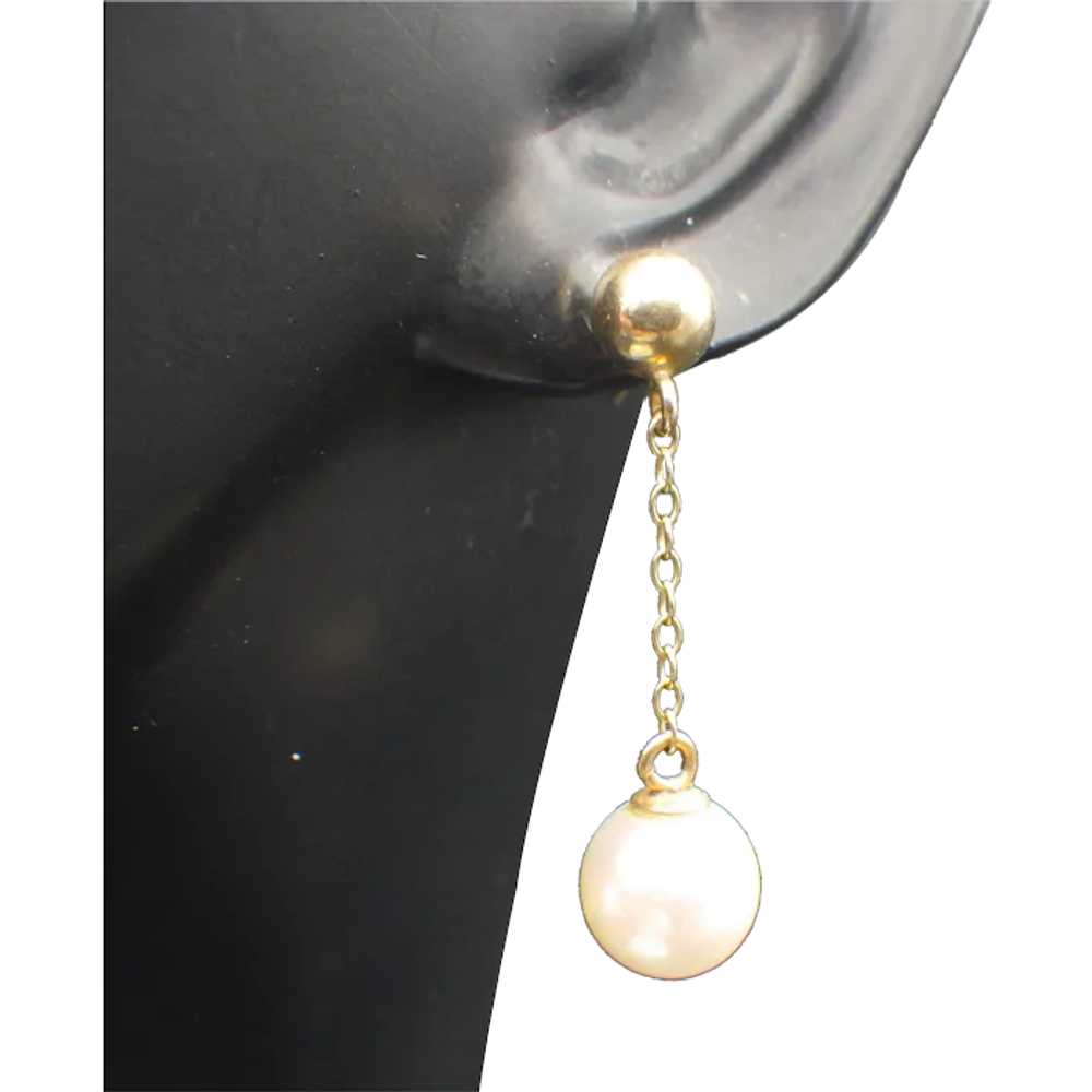 14k Gold and Pearl Drop Pierced Earrings, Vintage… - image 1