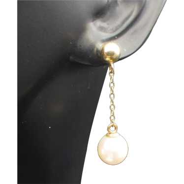 14k Gold and Pearl Drop Pierced Earrings, Vintage… - image 1