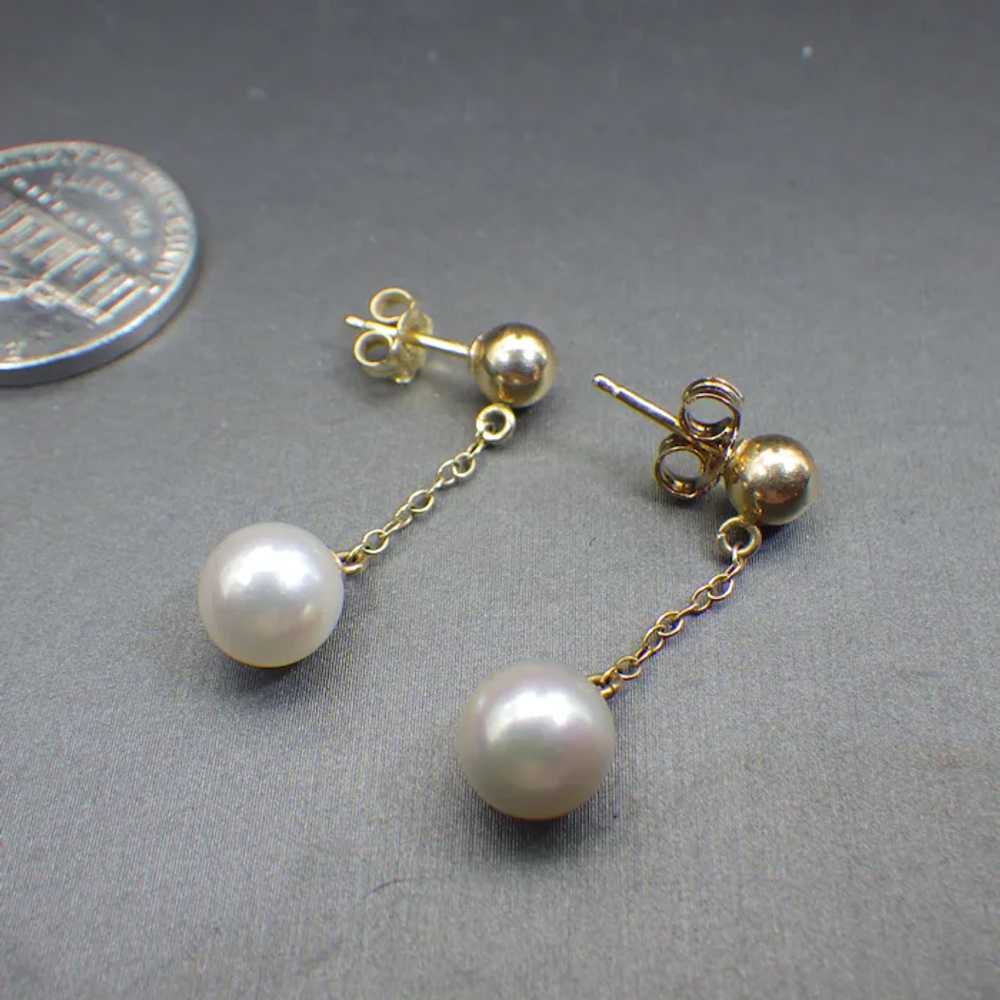 14k Gold and Pearl Drop Pierced Earrings, Vintage… - image 2