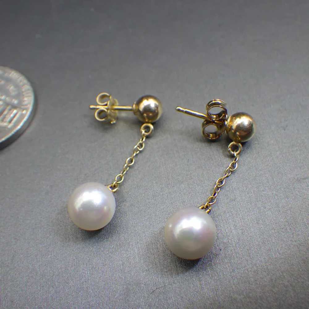 14k Gold and Pearl Drop Pierced Earrings, Vintage… - image 3