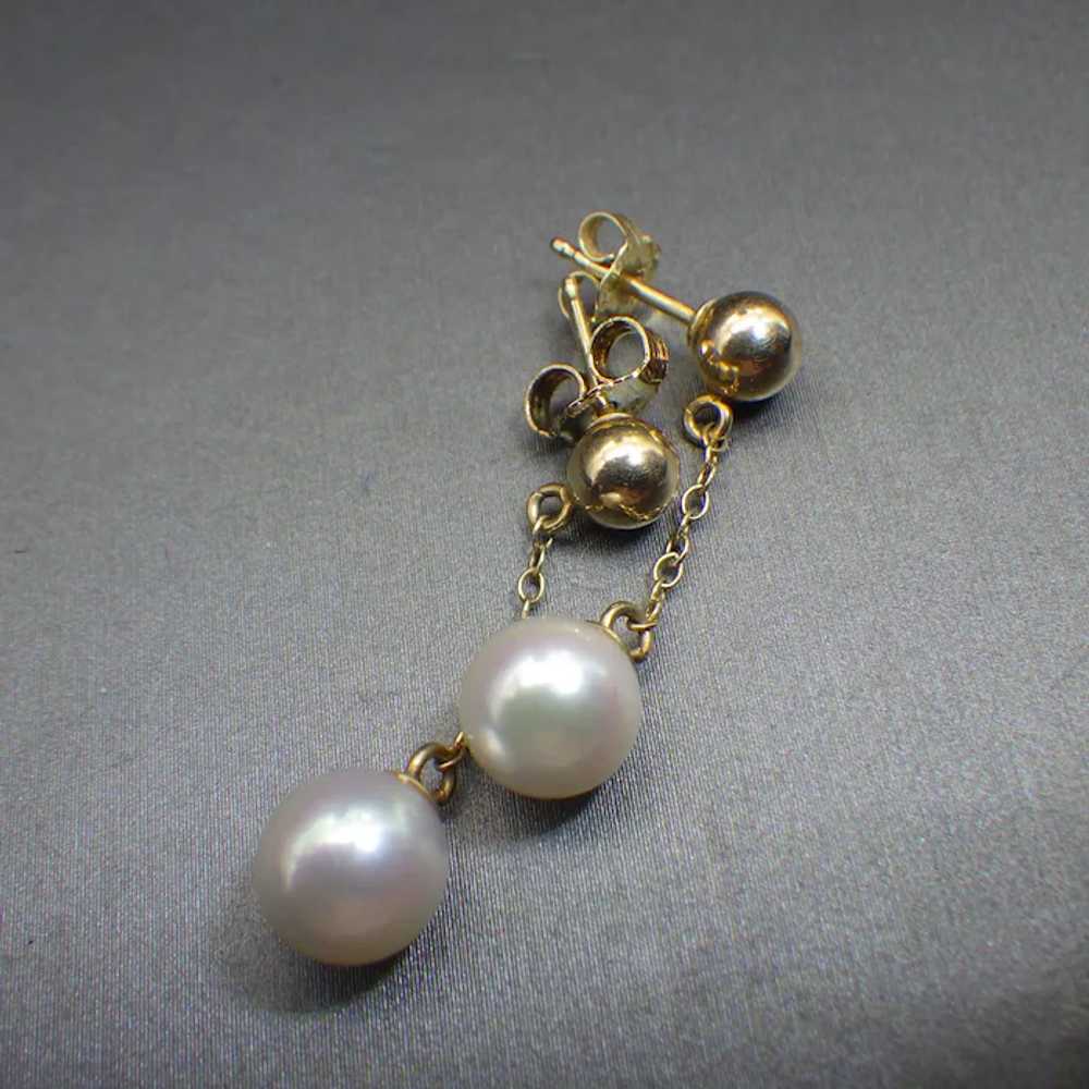 14k Gold and Pearl Drop Pierced Earrings, Vintage… - image 4