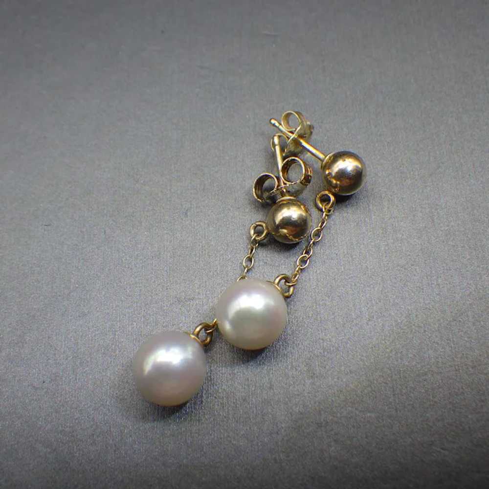 14k Gold and Pearl Drop Pierced Earrings, Vintage… - image 5