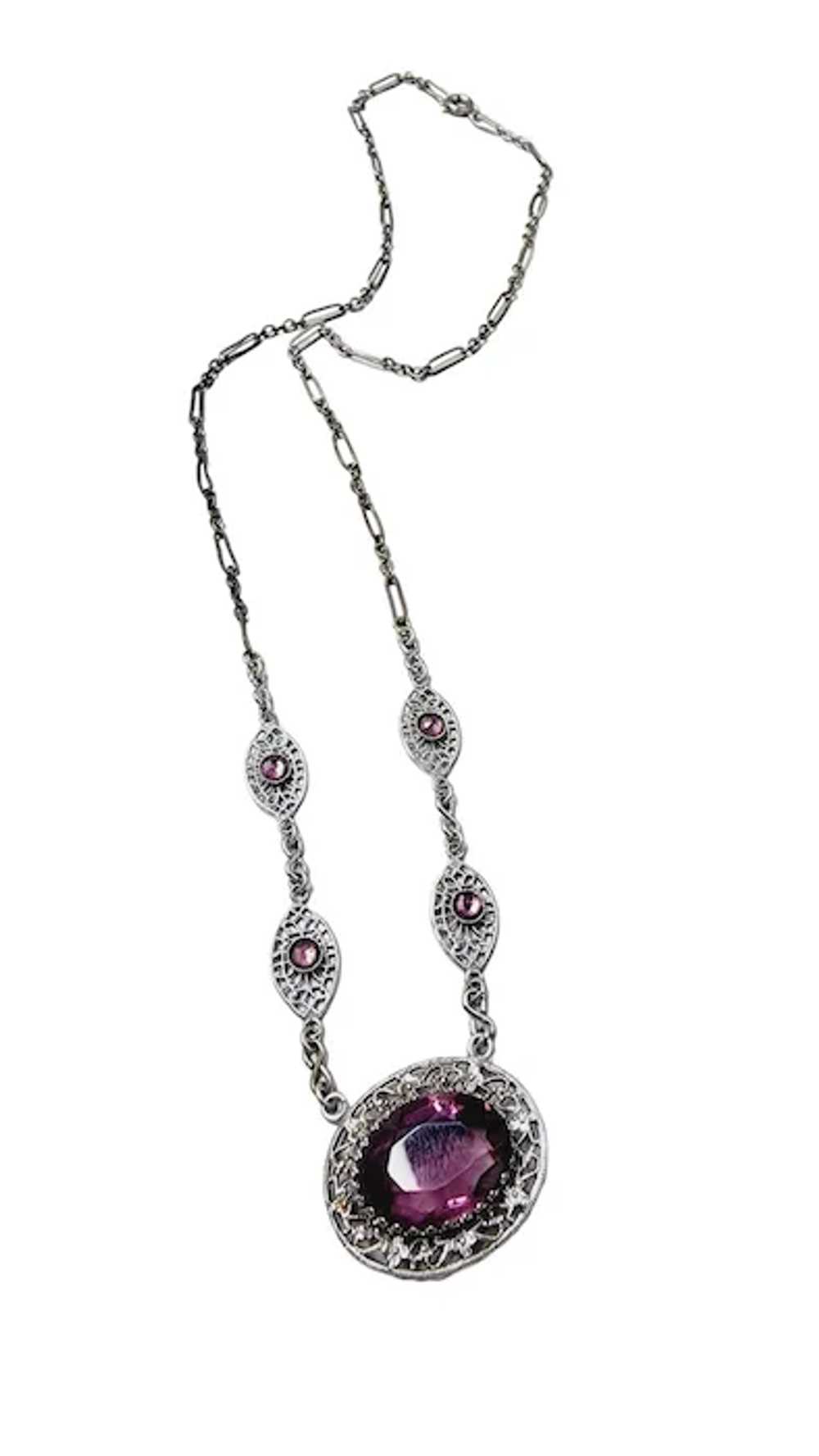 Vintage Art Deco Filigree & Glass Necklace (A2849) - image 2