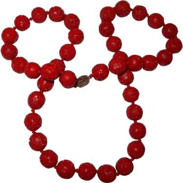 Cinnabar Beads Silver Clasp Vintage Necklace - image 1