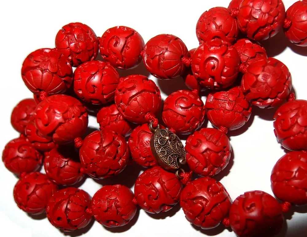 Cinnabar Beads Silver Clasp Vintage Necklace - image 3