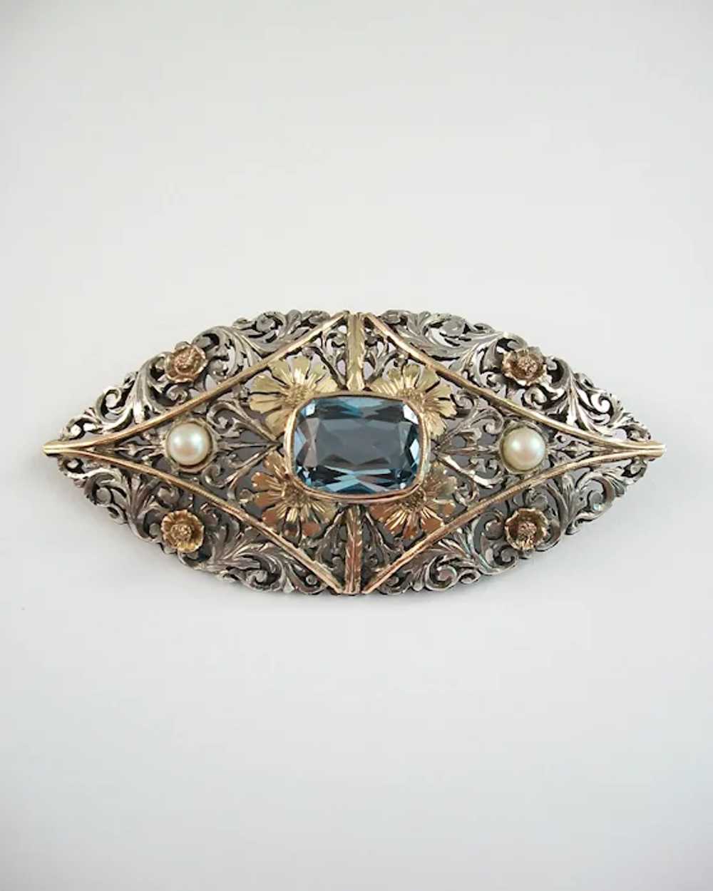 Art Nouveau Aquamarine & Pearl Brooch Set in Silv… - image 10