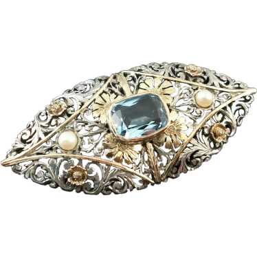 Art Nouveau Aquamarine & Pearl Brooch Set in Silv… - image 1